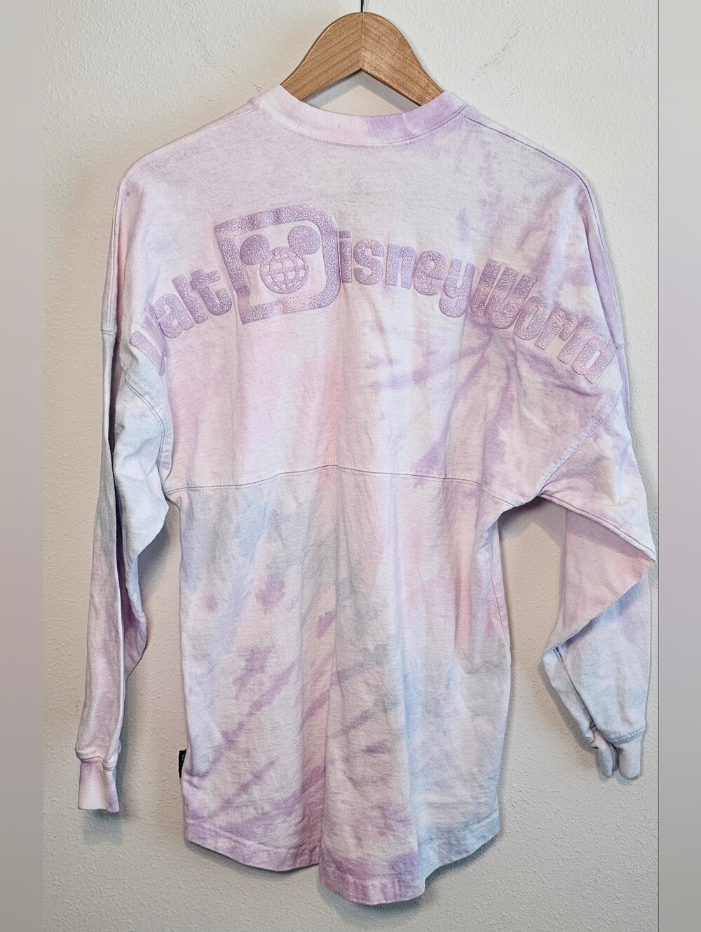 Walt Disney World Pastel Tie Dye Spirit Jersey Purple Pink XS Oversized Glitter